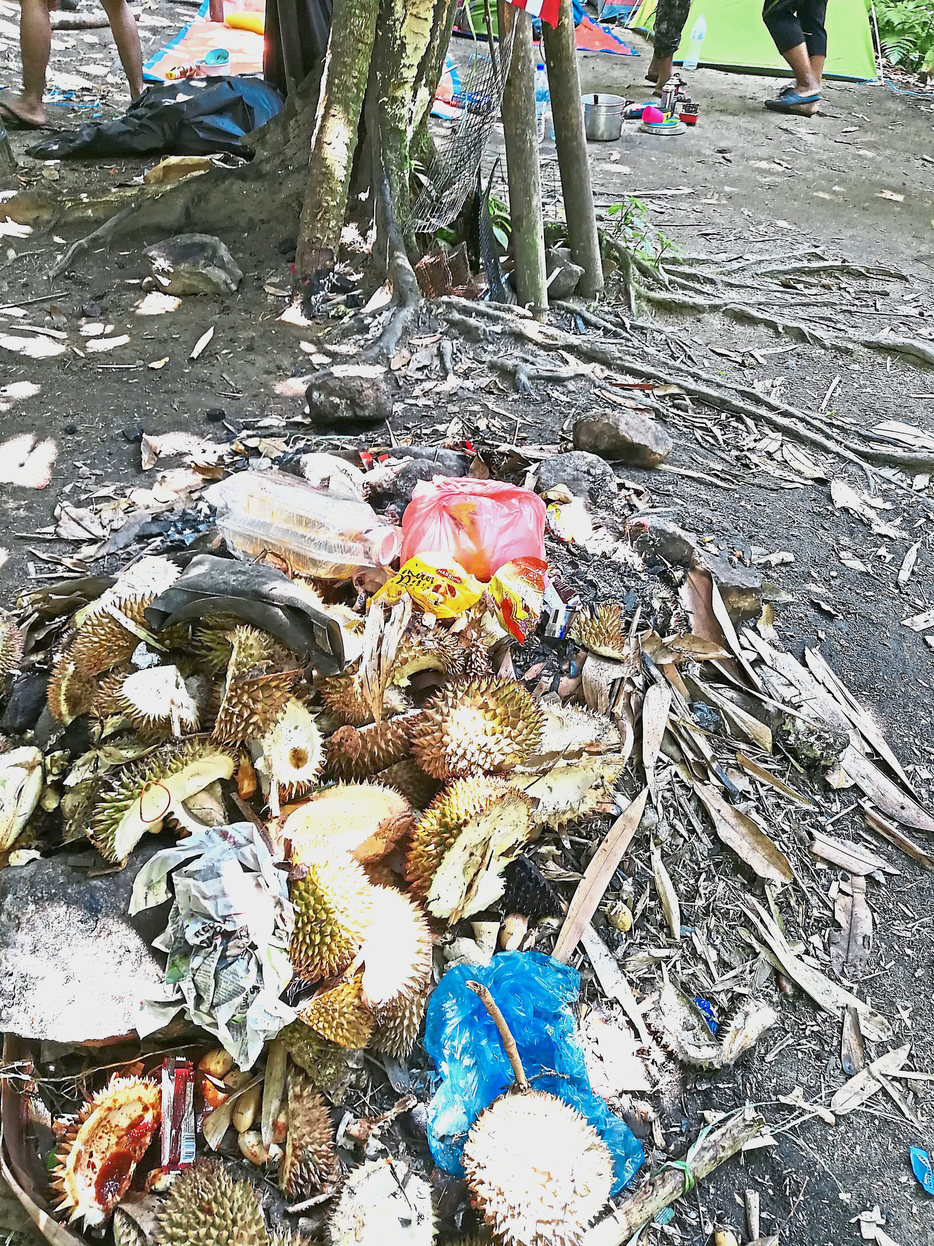 Club members found a huge pile of durian waste at one of the campsites. This food waste could potentially attract disease-carrying rodents and other critters.
