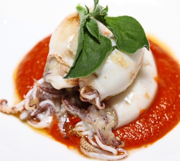 Mini Squid Stuffed with Burnt Eggplant and a Spicy Cumin Tomato Sauce.