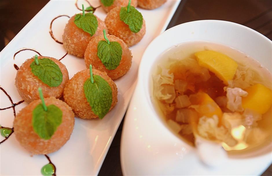 (Above) Deep-fried sweet potato nian gao served with chilled aloe vera, peach gum and osmanthus oolong tea syrup.