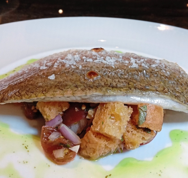 Pan-Seared Barramundi and Mint Panzanella.