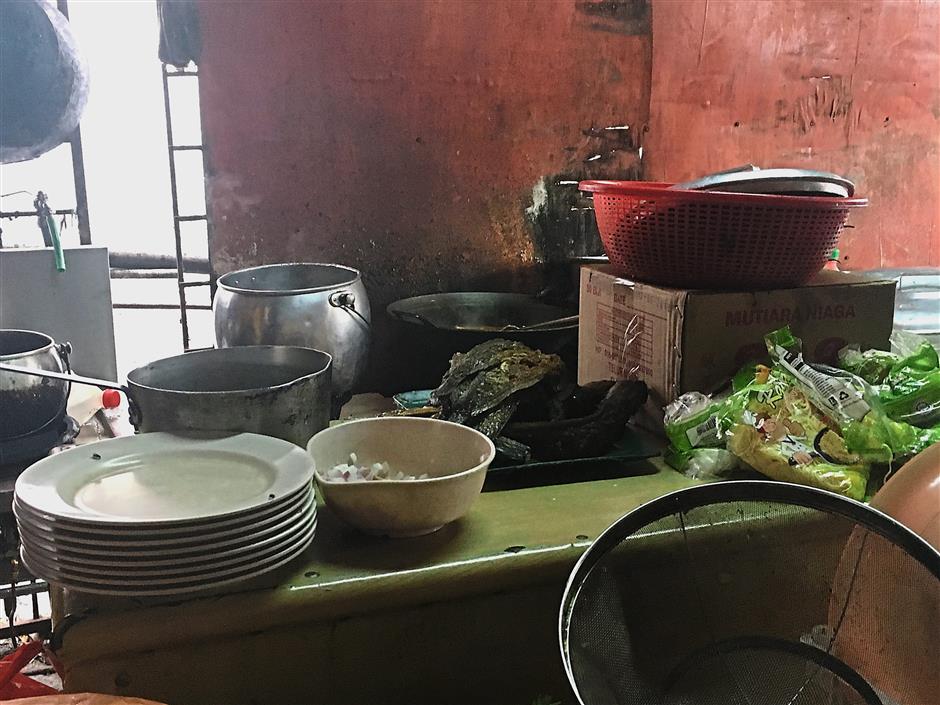 Flies sitting on a stack of plates on the left while a packet of noodles is left exposed in the kitchen.