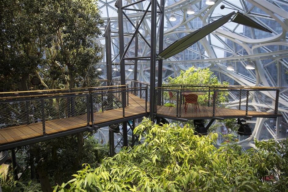A seating area is seen on a suspension bridge inside the Amazon.com Inc. Spheres in Seattle, Washington, U.S., on Tuesday, Jan. 23, 2018. The online retailer is scheduled to unveil the spheres Monday morning following seven years of planning and construction. The glass orbs have 40,000 plants from around the world. Photographer: Mike Kane/Bloomberg