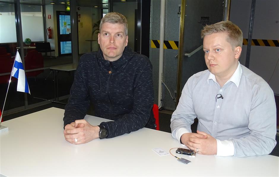 F-Secure researchers Tomi Tuominen (L) and Timo Hirvonen present their findings in Helsinki, Finland April 20, 2018. Picture taken April 20, 2018. REUTERS/Attila Cser