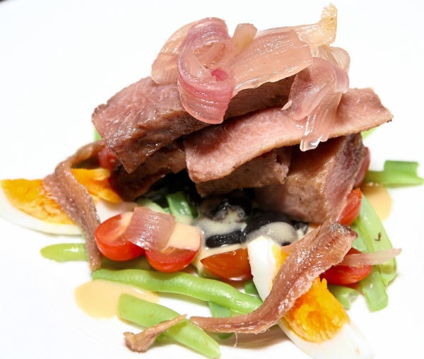 Smoked Tuna with Kampung Egg, Pickled Red Onions and Nicoise Salad.