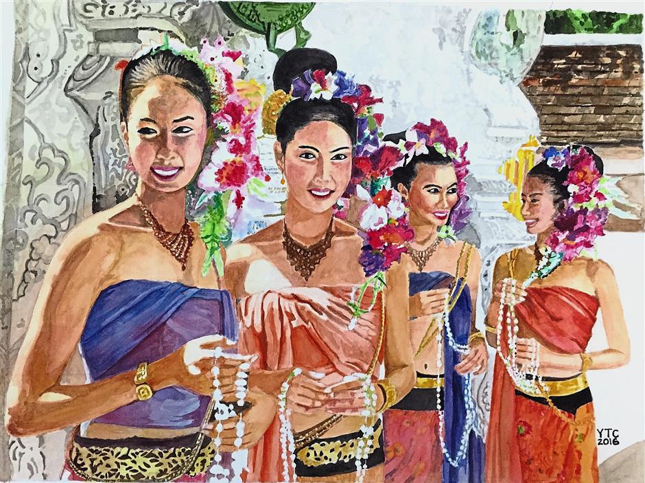 This piece titled ‘Beauties at Festival‘ is among the artworks on display at the Painting from the Heart exhibition.