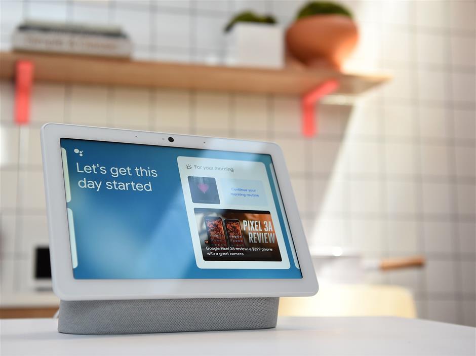 A new Google Nest Hub Max is displayed during the Google I/O conference at Shoreline Amphitheatre in Mountain View, California on May 7, 2019. (Photo by Josh Edelson / AFP)