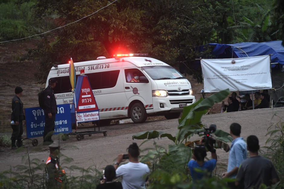 An ambulance leaving the Tham Luang cave area in Chiang Rai, Thailand on July 8, 2018. - AFP