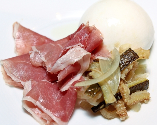 Parma ham with burrata and pickled zucchini.