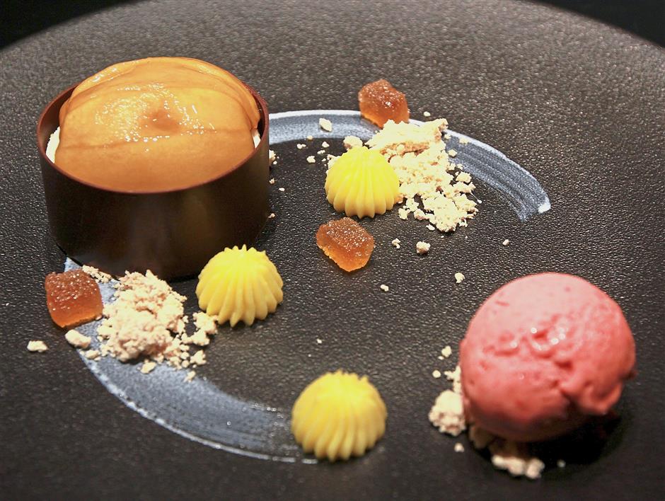 A pretty ensemble for dessert featuring Baked Fuji Apple, Matcha Financier, Peanut Butter Soil and sweet Umeshu.