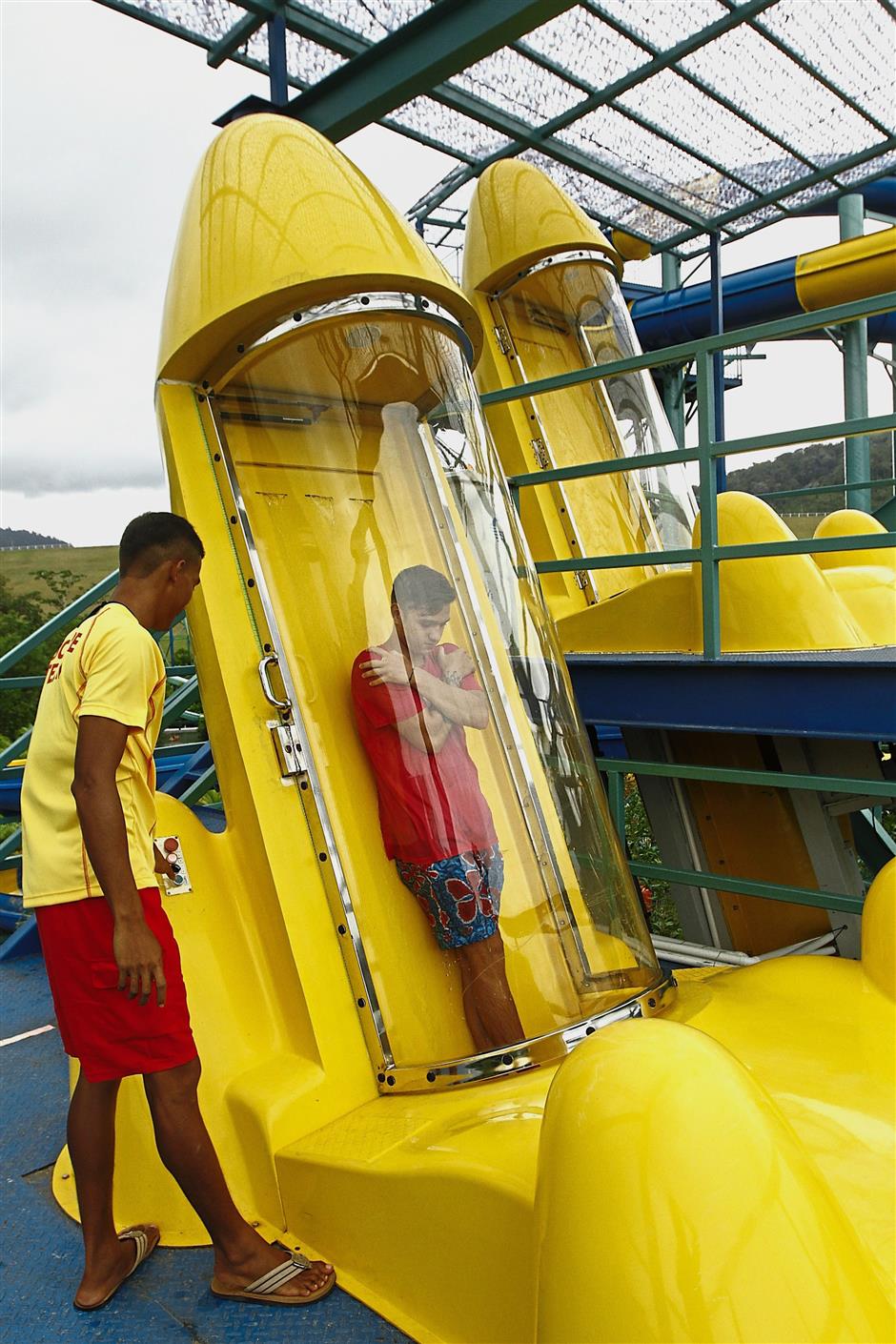 Once you are all set in the Banana Flips chute, the trapdoor will be triggered and you will be launched into the air and land in a 5m deep pool in Escape Waterplay Park at Teluk Bahang.StarPic by: LIM BENG TATT/THE STAR/25 Nov 2017.