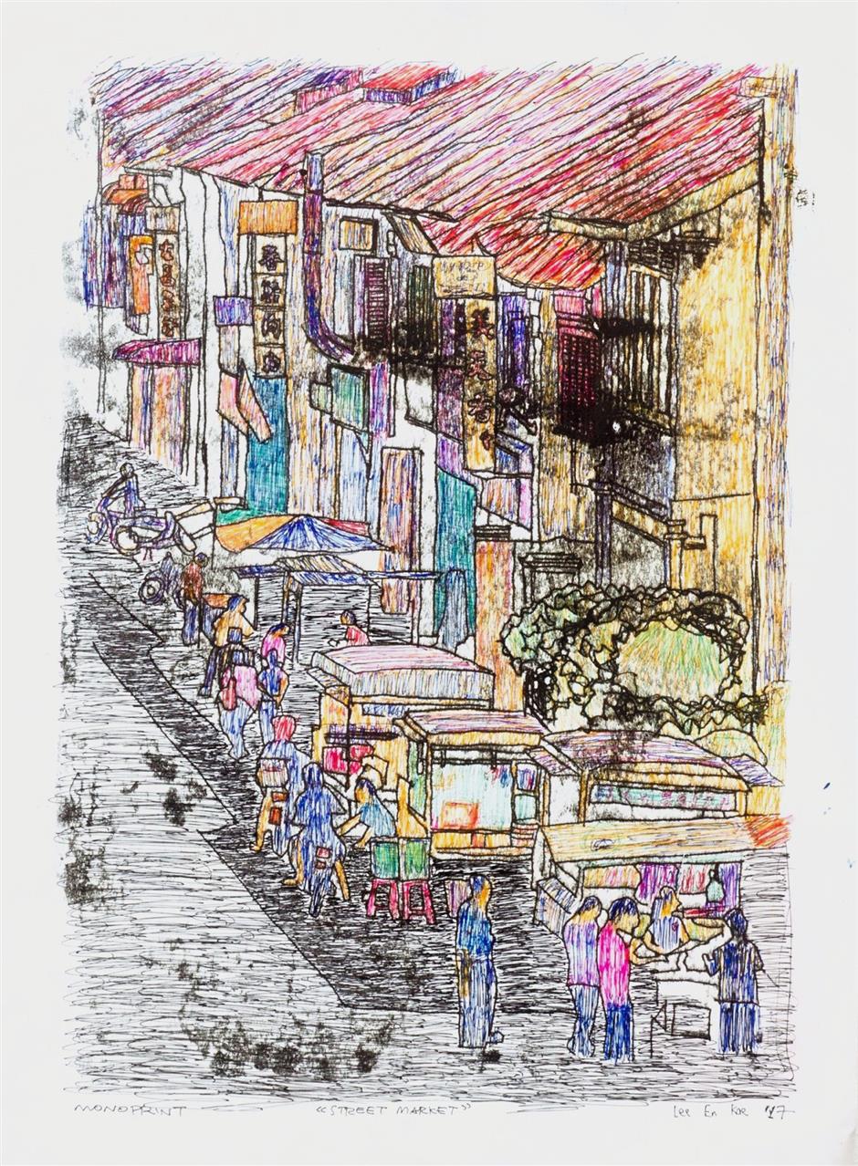 Lee En Kae from Equator College Penang won the 3rd prize for Print Making Category. The artist eloquently captures the verve of a bustling street market through this expressive piece.