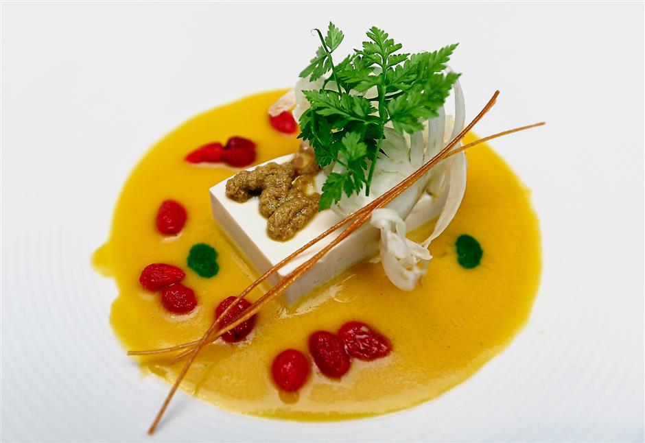 Chilled Tofu with Shaved Fennel and Yellow Pepper Coulis.