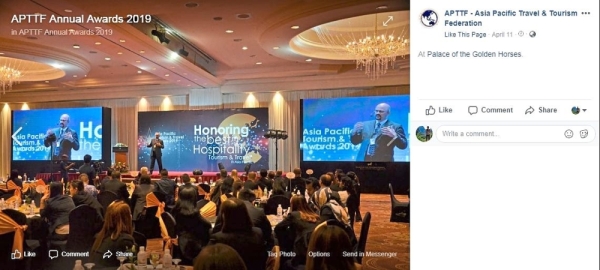 ‘Honours’ list: Adeva giving a speech at its awards ceremony in Kuala Lumpur. Screencap from APTTF’s Facebook page.
